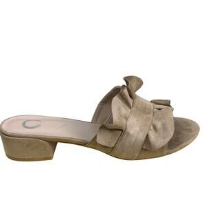 Tan Ruffled Faux Suede Slide Sandals Low Block Heel Size 9.5 NWOT